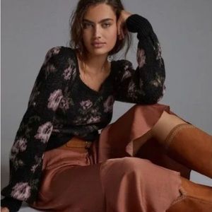 Anthropologie Black and Pink Floral Sweater